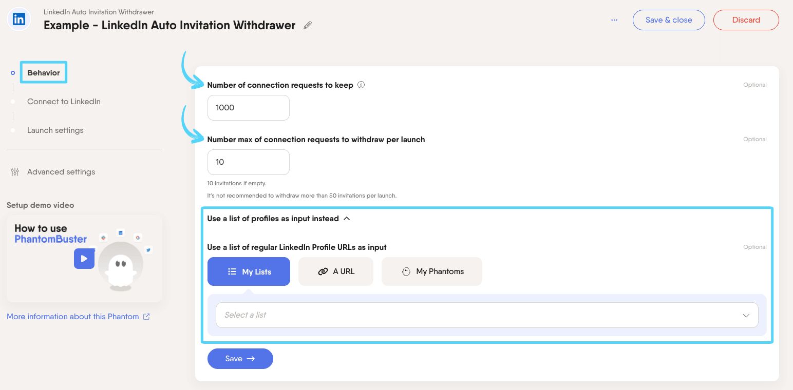 PhantomBuster LinkedIn Auto Invitation Withdrawer step 1 choosing how many invitations to withdraw