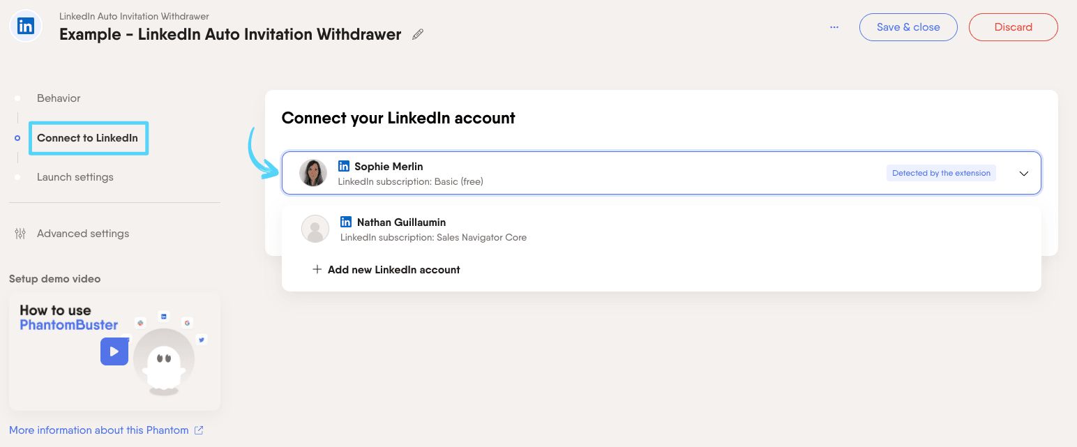 PhantomBuster LinkedIn Auto Invitation Withdrawer step 2 connecting your LinkedIn account