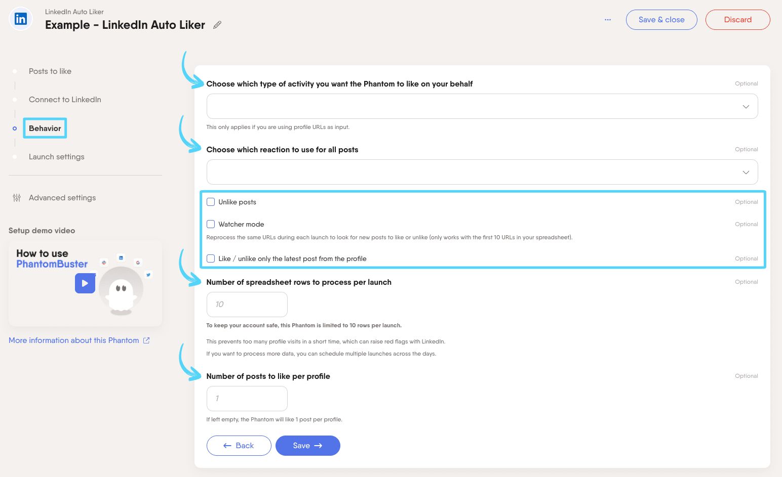 PhantomBuster LinkedIn Auto Liker step 3 choosing reactions and activity type