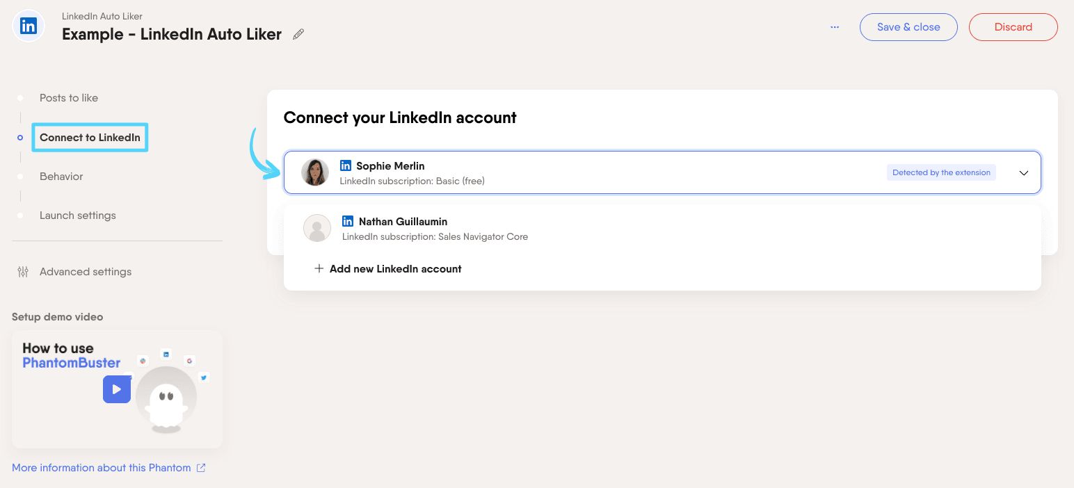 PhantomBuster LinkedIn Auto Liker step 2 connecting your LinkedIn account
