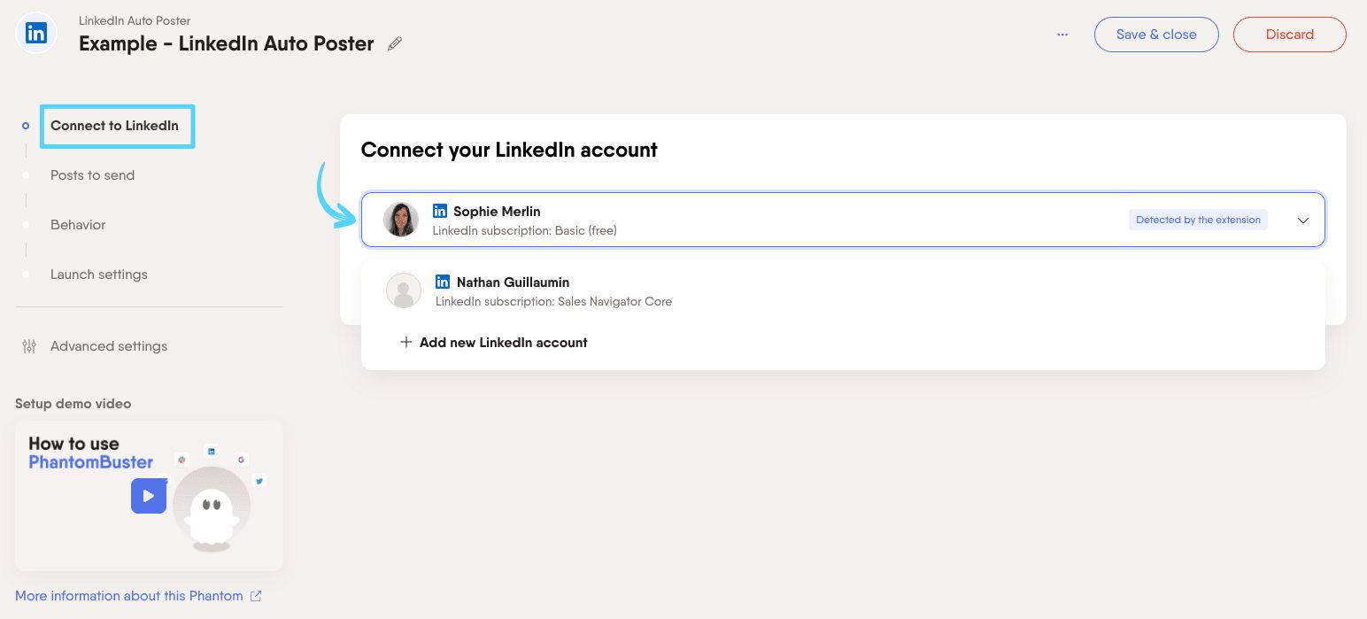 PhantomBuster LinkedIn Auto Poster step 1 connecting your LinkedIn account