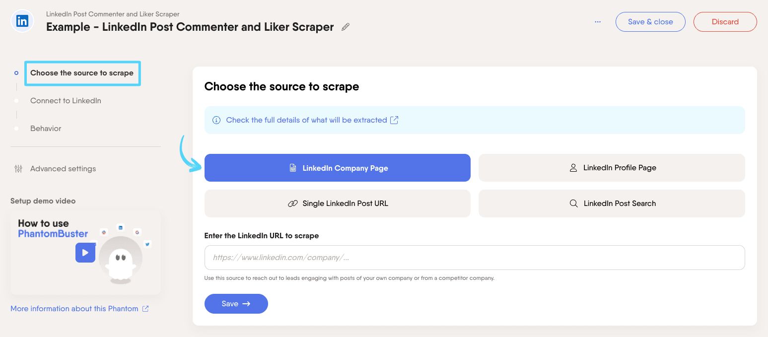 PhantomBuster LinkedIn Post Commenter and Liker Scraper step 1 choosing your source to extract