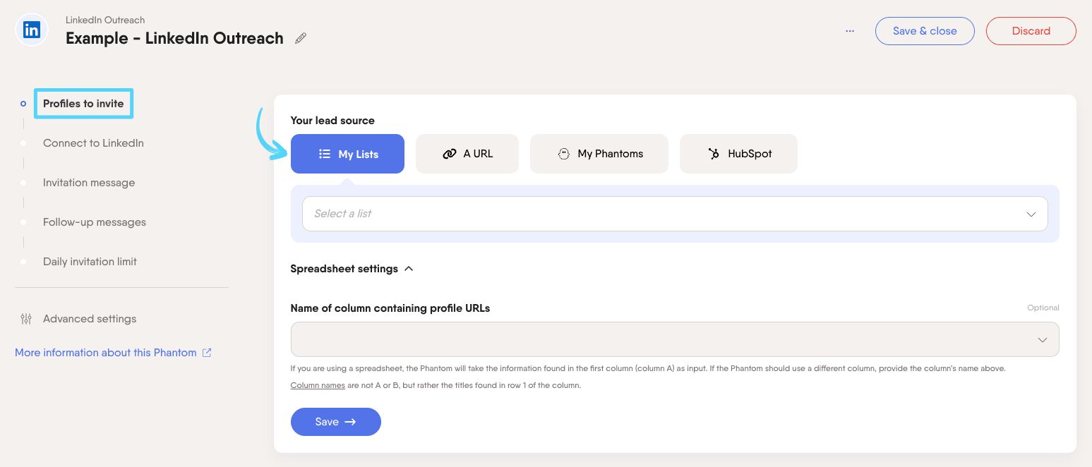 PhantomBuster LinkedIn Outreach step 1 choosing which profiles to invite