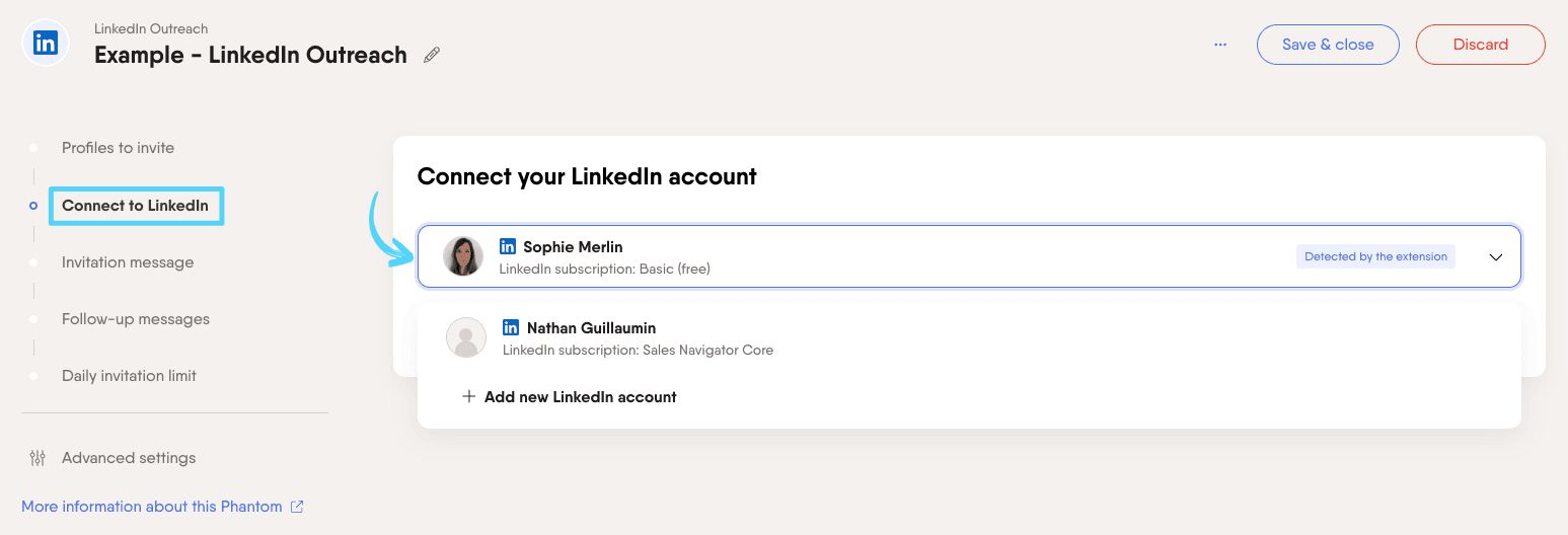 PhantomBuster LinkedIn Outreach step 2 connecting your LinkedIn account