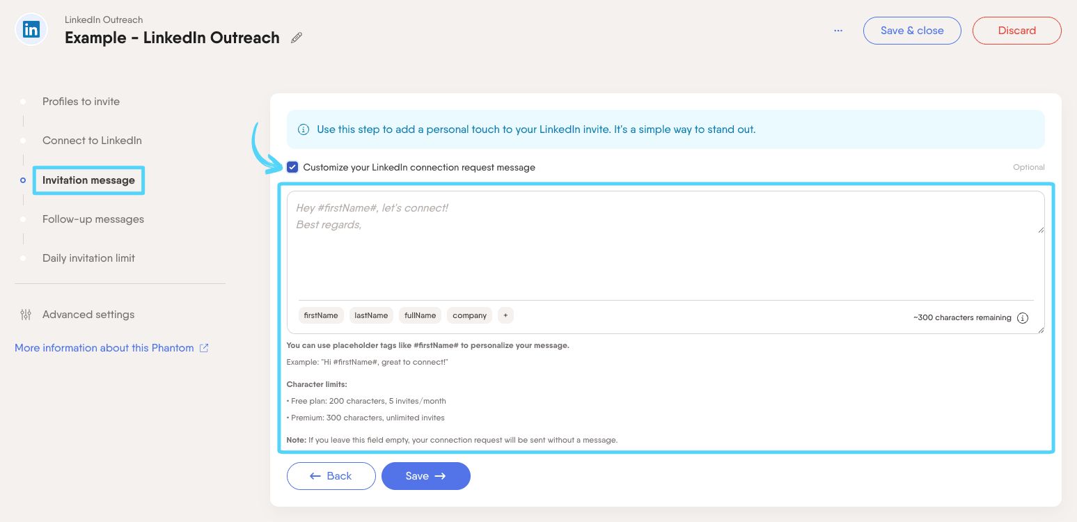 PhantomBuster LinkedIn Outreach step 3 customizing your connection request