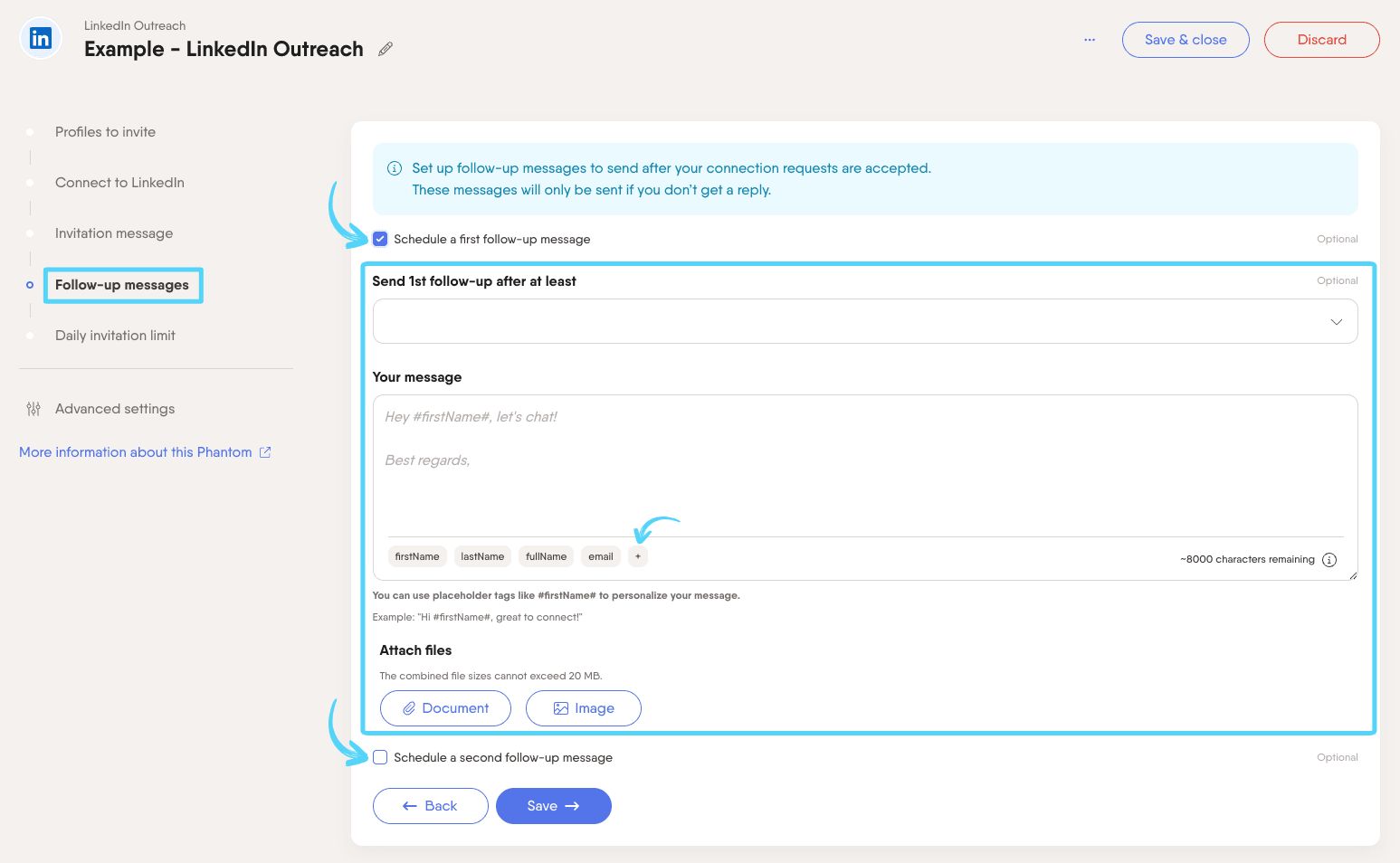 PhantomBuster LinkedIn Outreach step 4 writing and scheduling follow-up messages