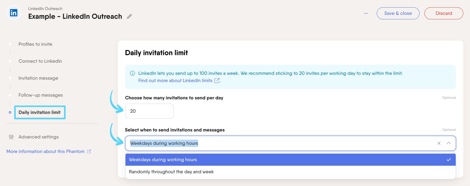 PhantomBuster LinkedIn Outreach step 5 setting daily invitation limits and schedule
