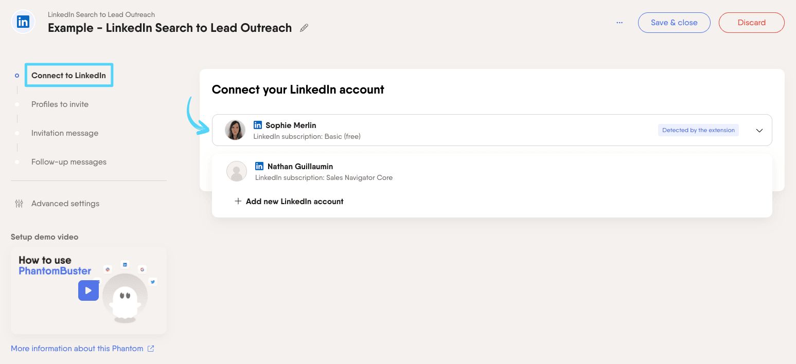 PhantomBuster LinkedIn Search to Lead Outreach step 1 connecting your LinkedIn account
