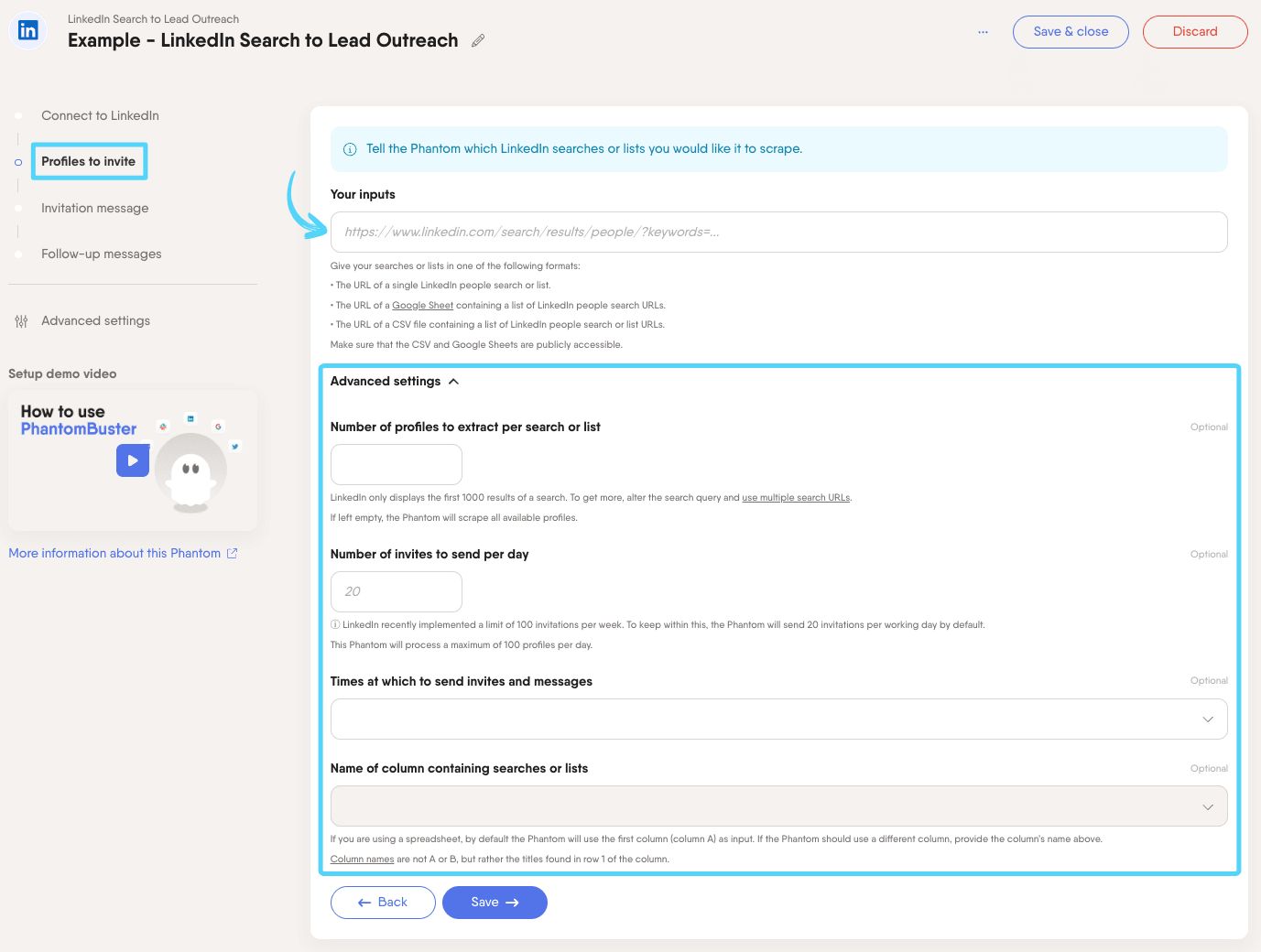 PhantomBuster LinkedIn Search to Lead Outreach step 2 choosing which LinkedIn profiles to invite