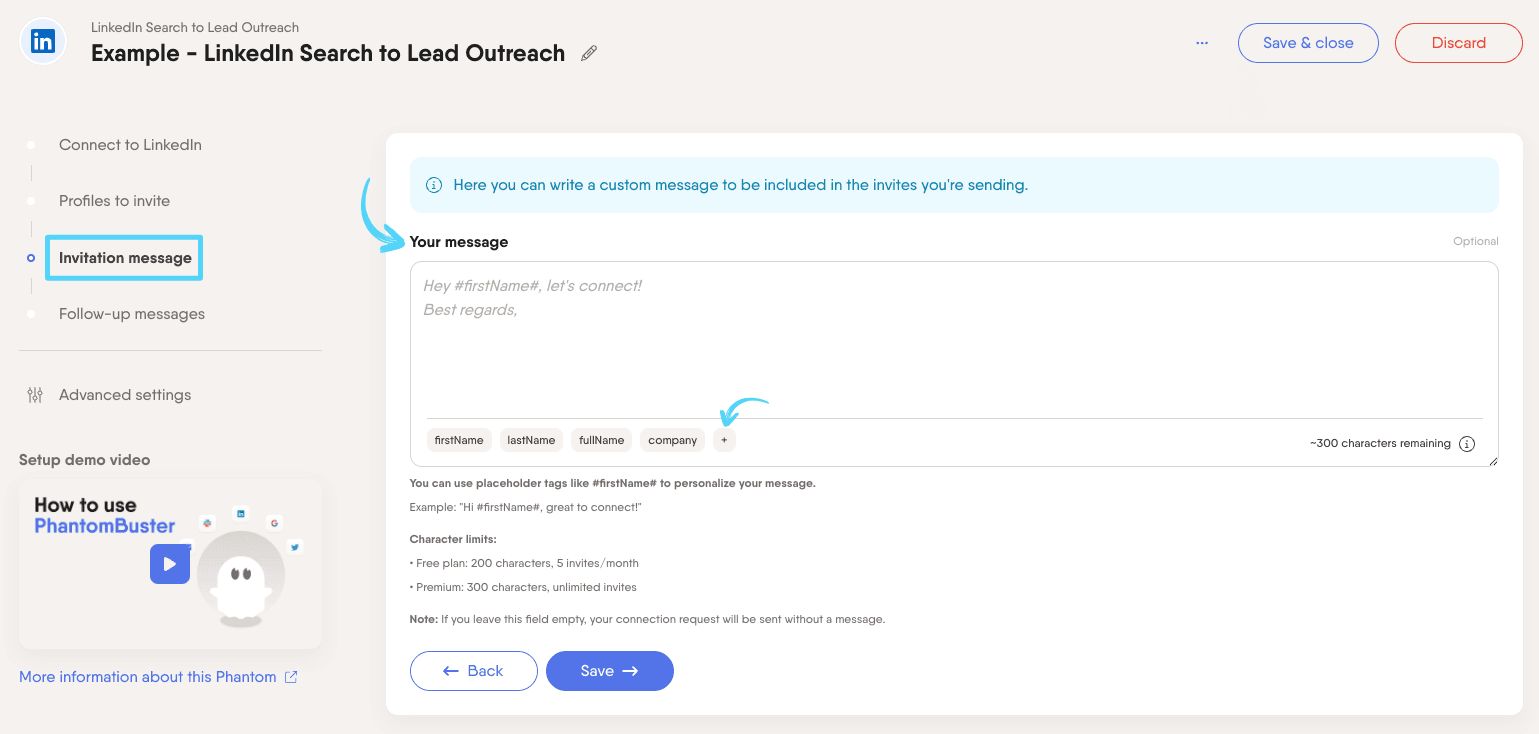 PhantomBuster LinkedIn Search to Lead Outreach step 3 customizing your connection request