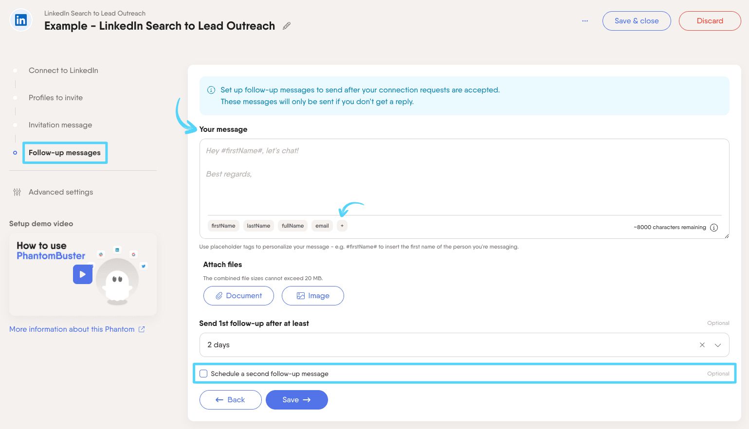 PhantomBuster LinkedIn Search to Lead Outreach step 4 writing and scheduling follow-up messages