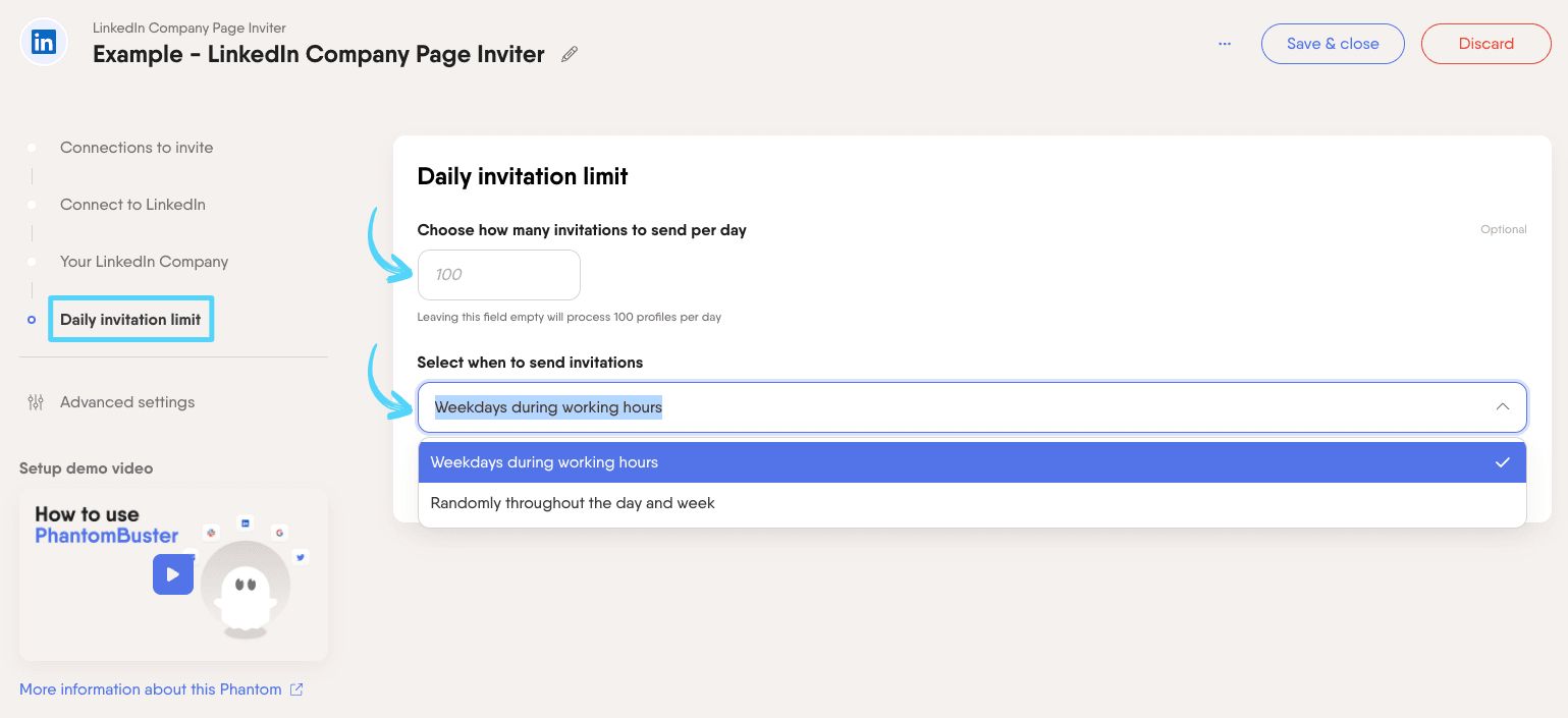 PhantomBuster LinkedIn Company Page Inviter step 4 setting daily limits and schedule