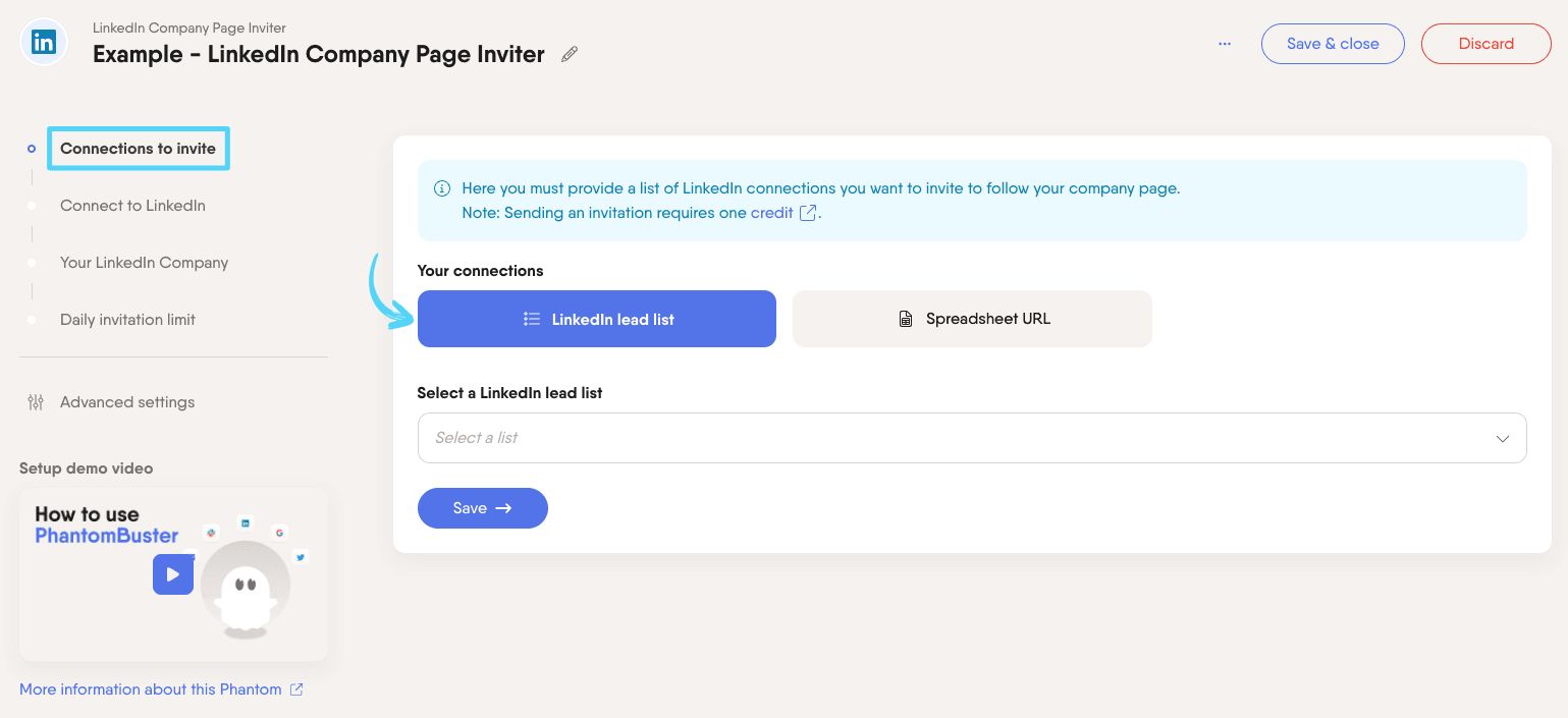 PhantomBuster LinkedIn Company Page Inviter step 1 providing your connections to invite