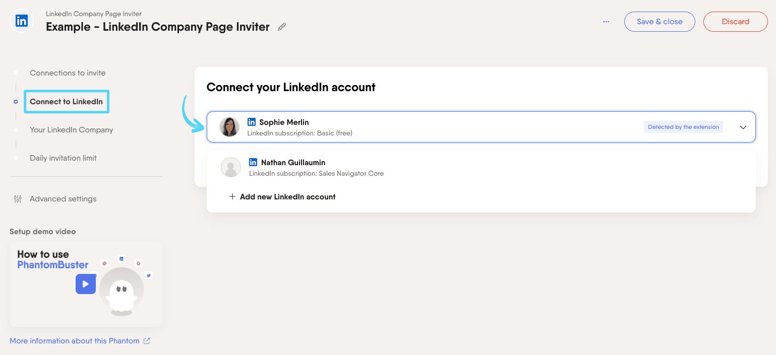 PhantomBuster LinkedIn Company Page Inviter step 2 connecting your LinkedIn account