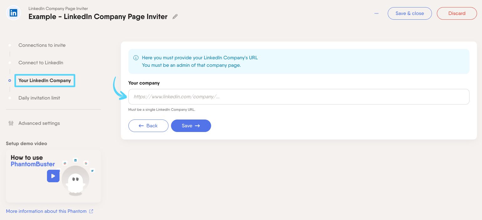PhantomBuster LinkedIn Company Page Inviter step 3 adding your company page URL