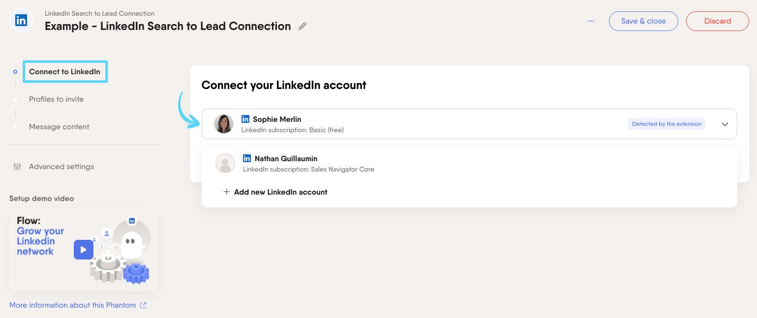 PhantomBuster LinkedIn Search to Lead Connection step 1 connecting your LinkedIn account