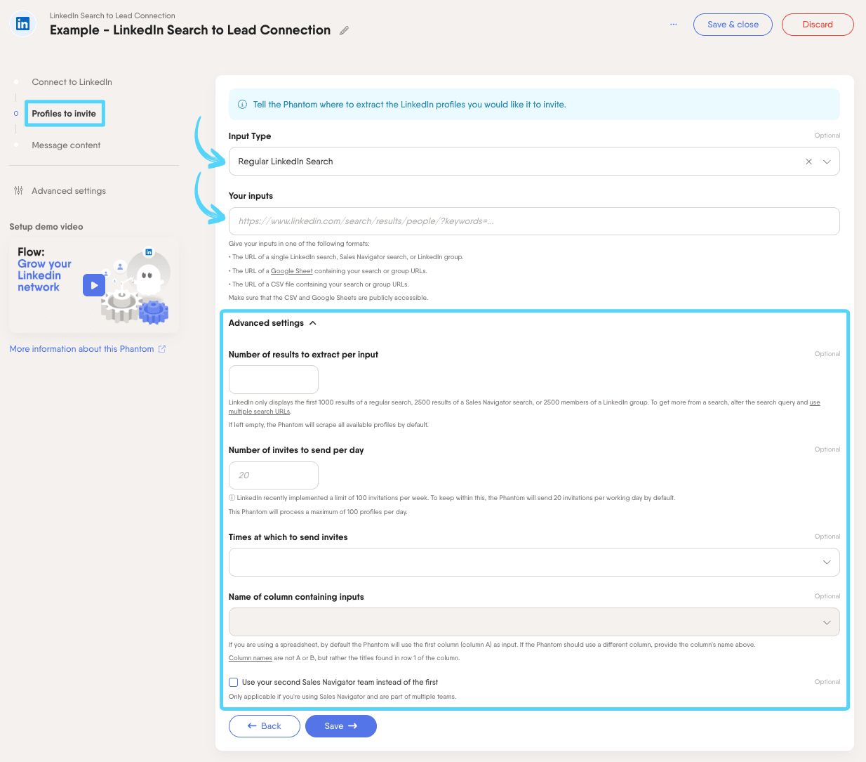 PhantomBuster LinkedIn Search to Lead Connection step 2 choosing which LinkedIn profiles to invite