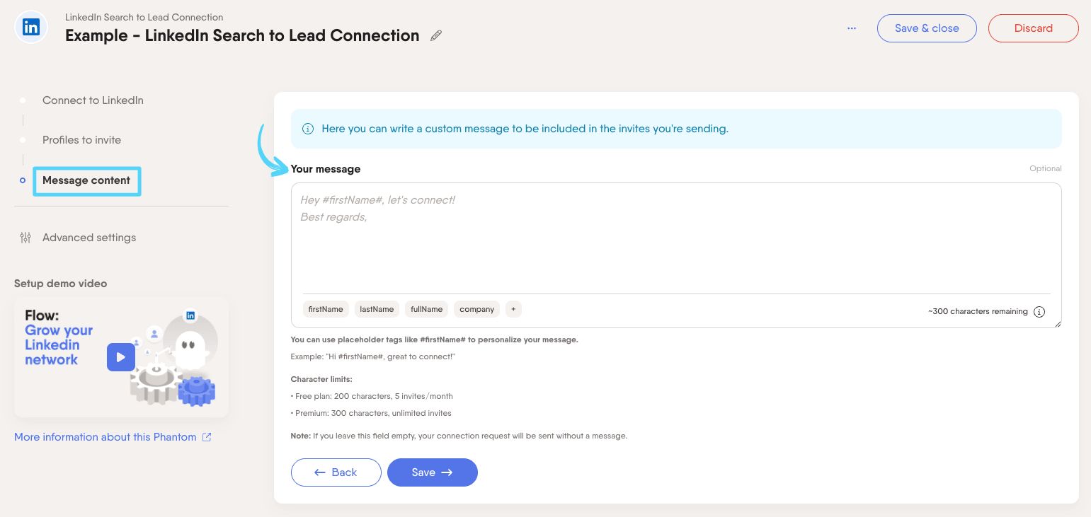 PhantomBuster LinkedIn Search to Lead Connection step 3 customizing your connection request