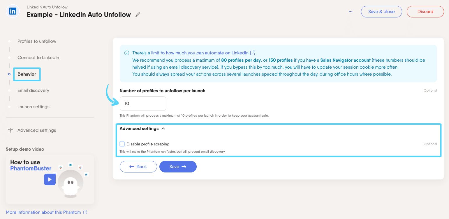 PhantomBuster LinkedIn Auto Unfollow step 3 setting how many profiles to unfollow per launch