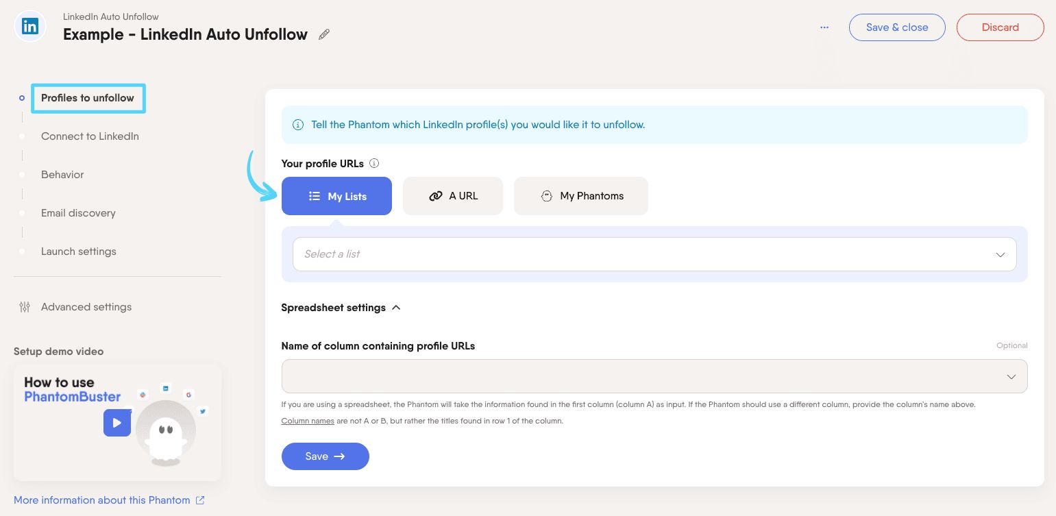 PhantomBuster LinkedIn Auto Unfollow step 1 telling the Phantom which profiles to unfollow