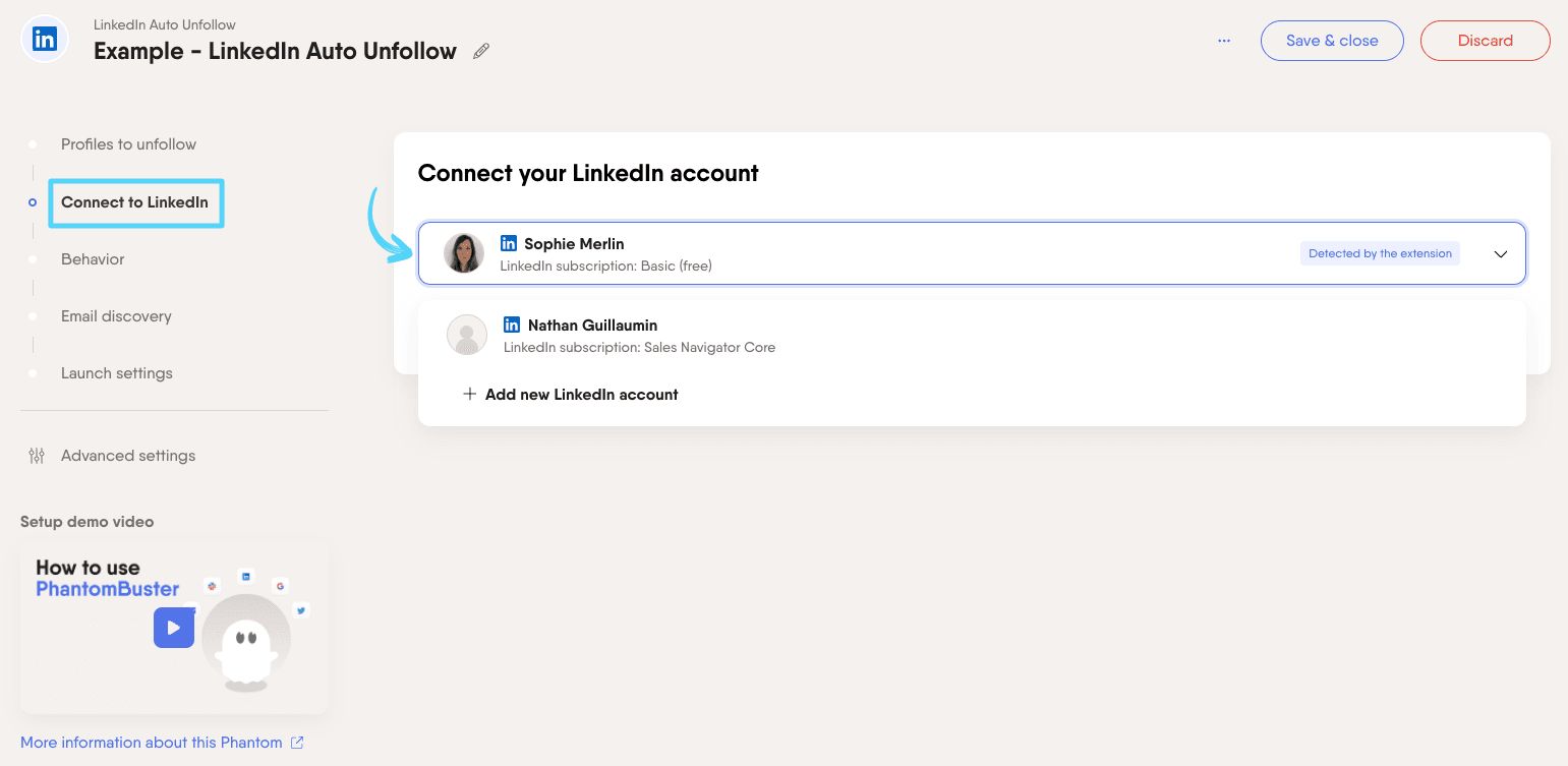 PhantomBuster LinkedIn Auto Unfollow step 2 connecting your LinkedIn account