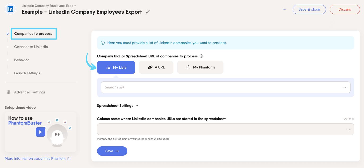 PhantomBuster LinkedIn Company Employees Export step 1 providing LinkedIn company page URLs