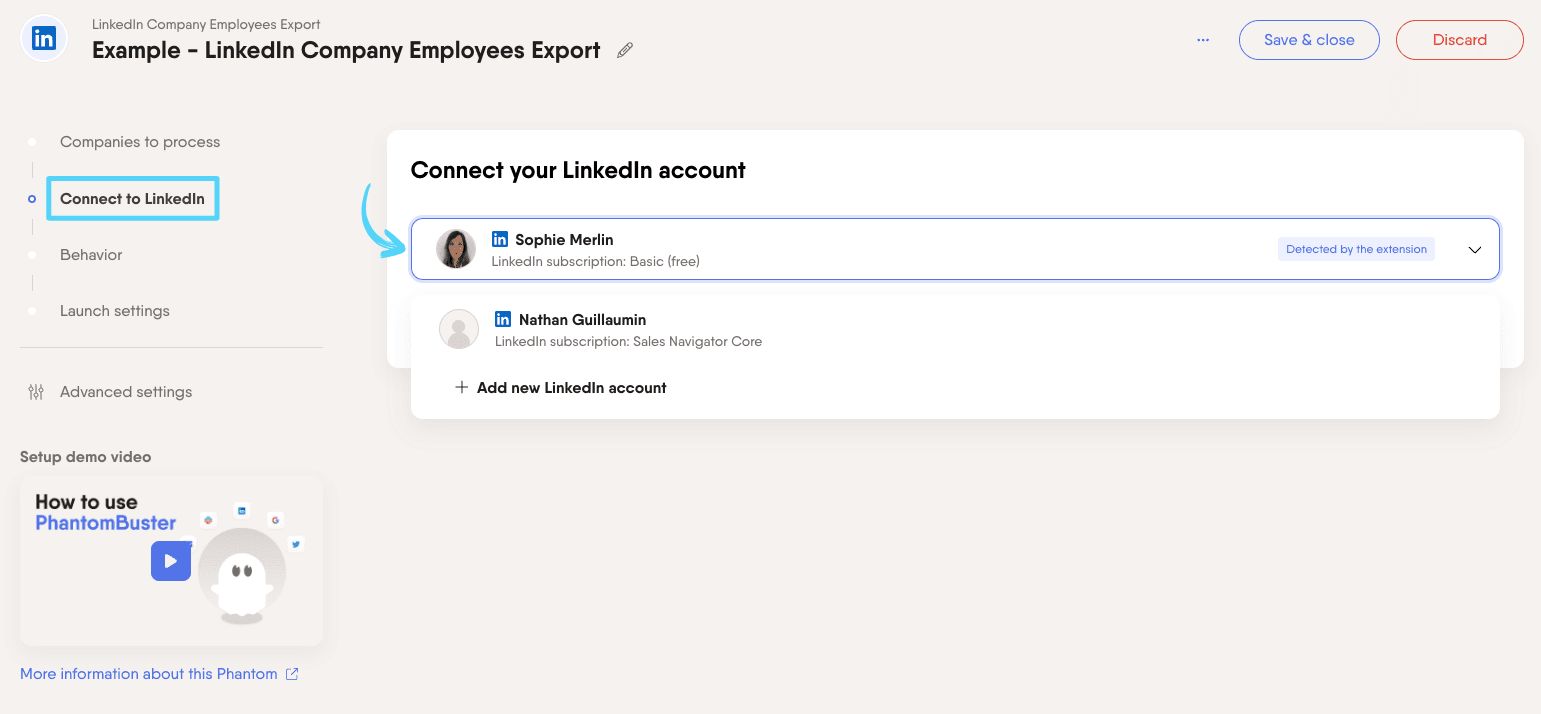 PhantomBuster LinkedIn Company Employees Export step 2 connecting your LinkedIn account