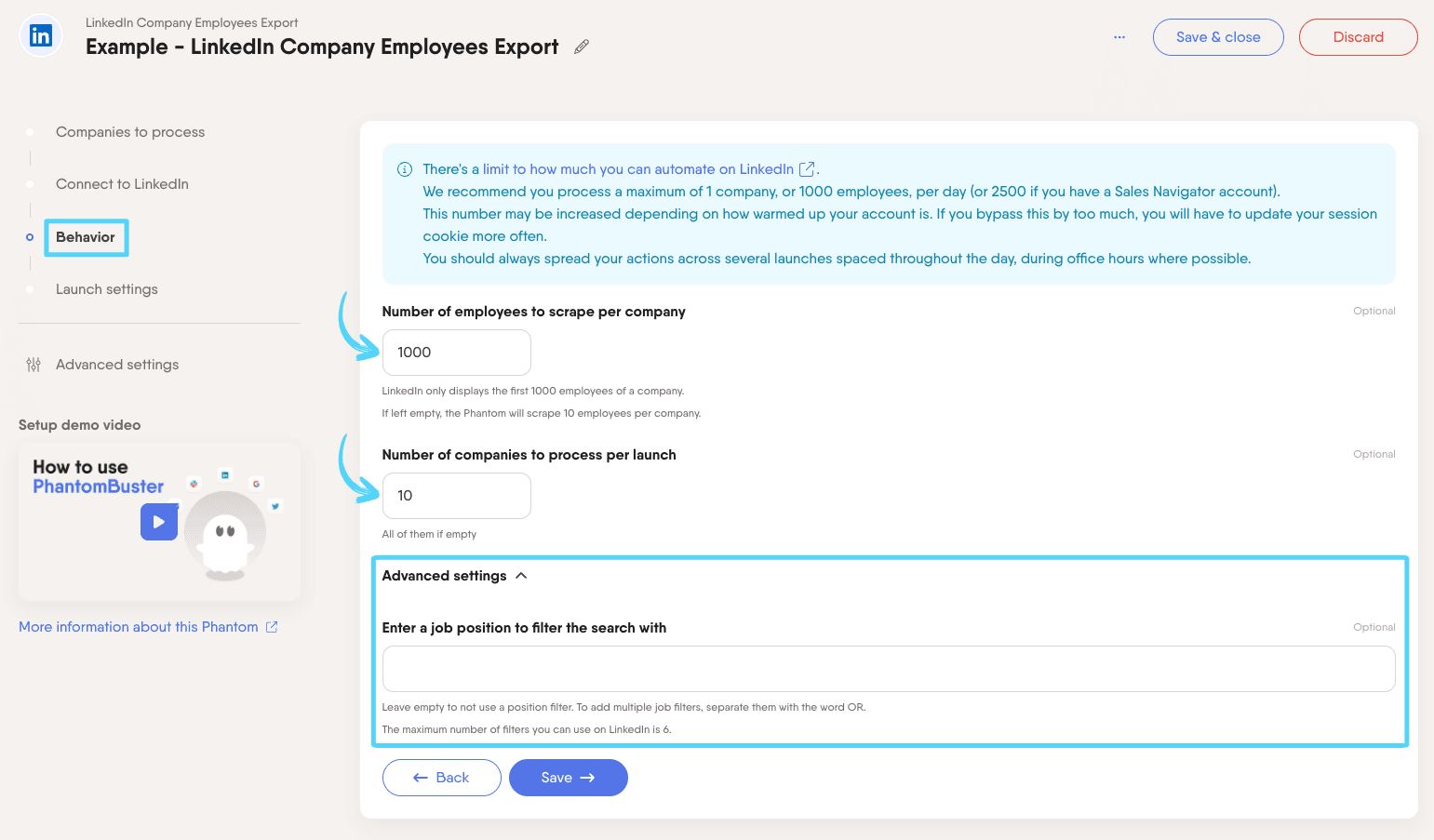PhantomBuster LinkedIn Company Employees Export step 3 configuring employee extraction settings