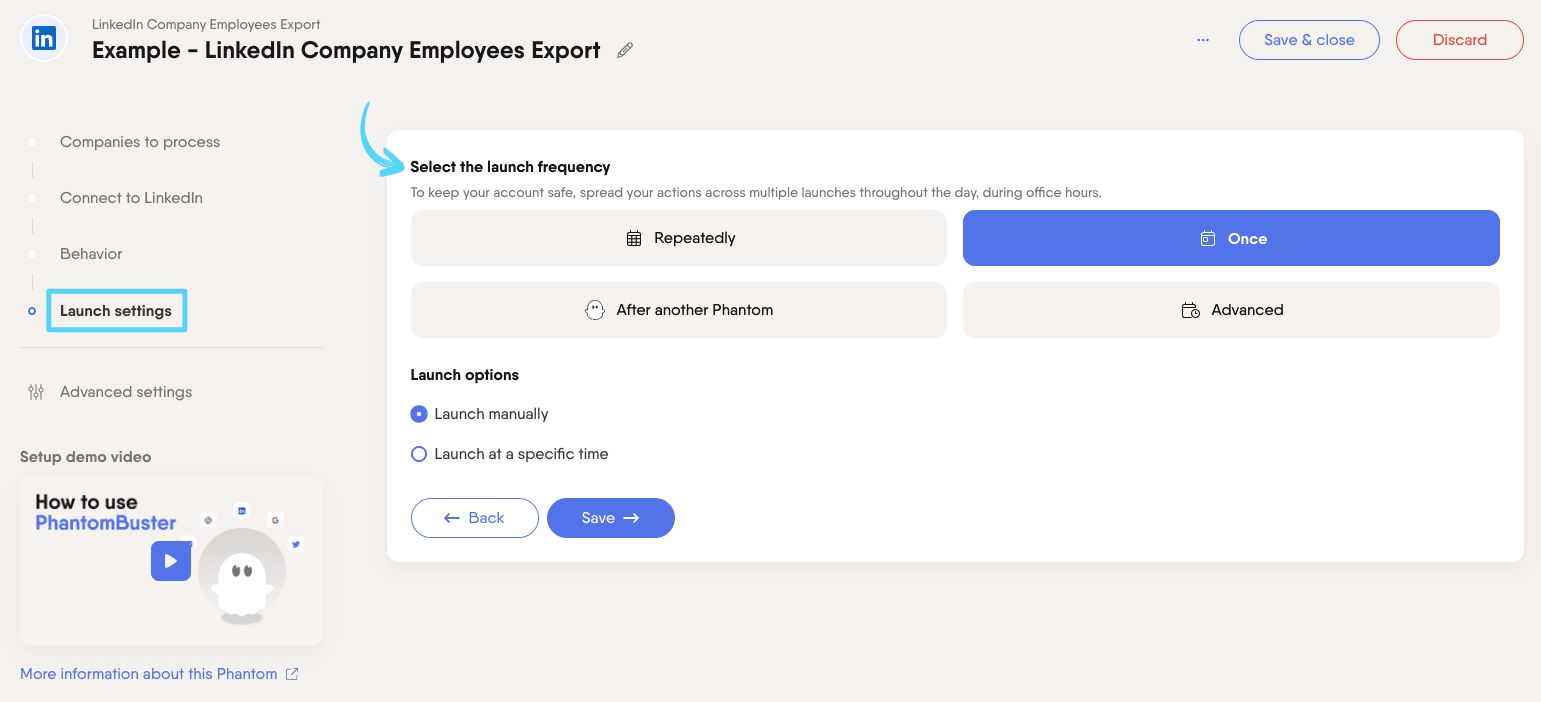 PhantomBuster LinkedIn Company Employees Export step 4 selecting launch frequency