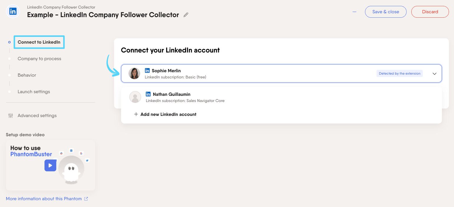 PhantomBuster LinkedIn Company Follower Collector step 1 connecting your LinkedIn account