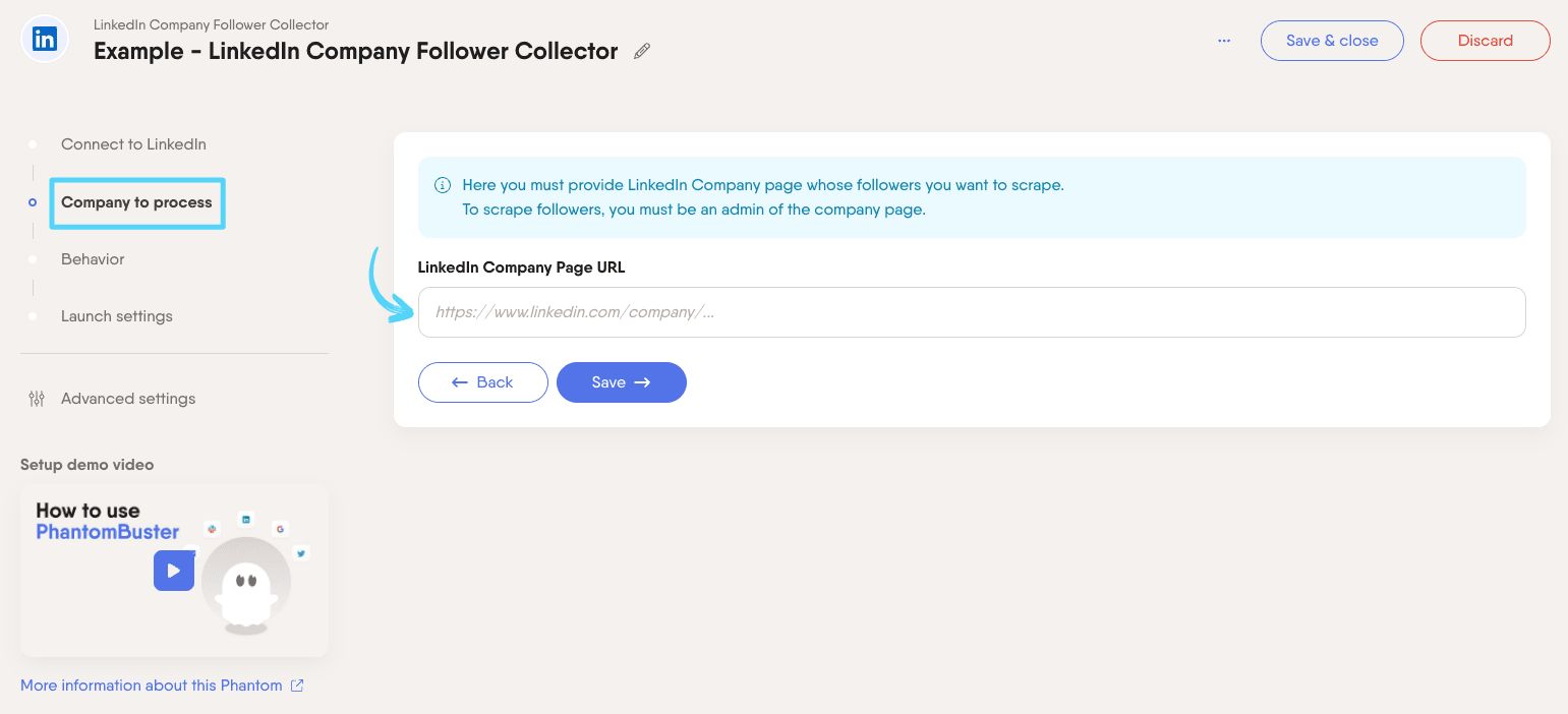 PhantomBuster LinkedIn Company Follower Collector step 2 providing your LinkedIn Company Page URL