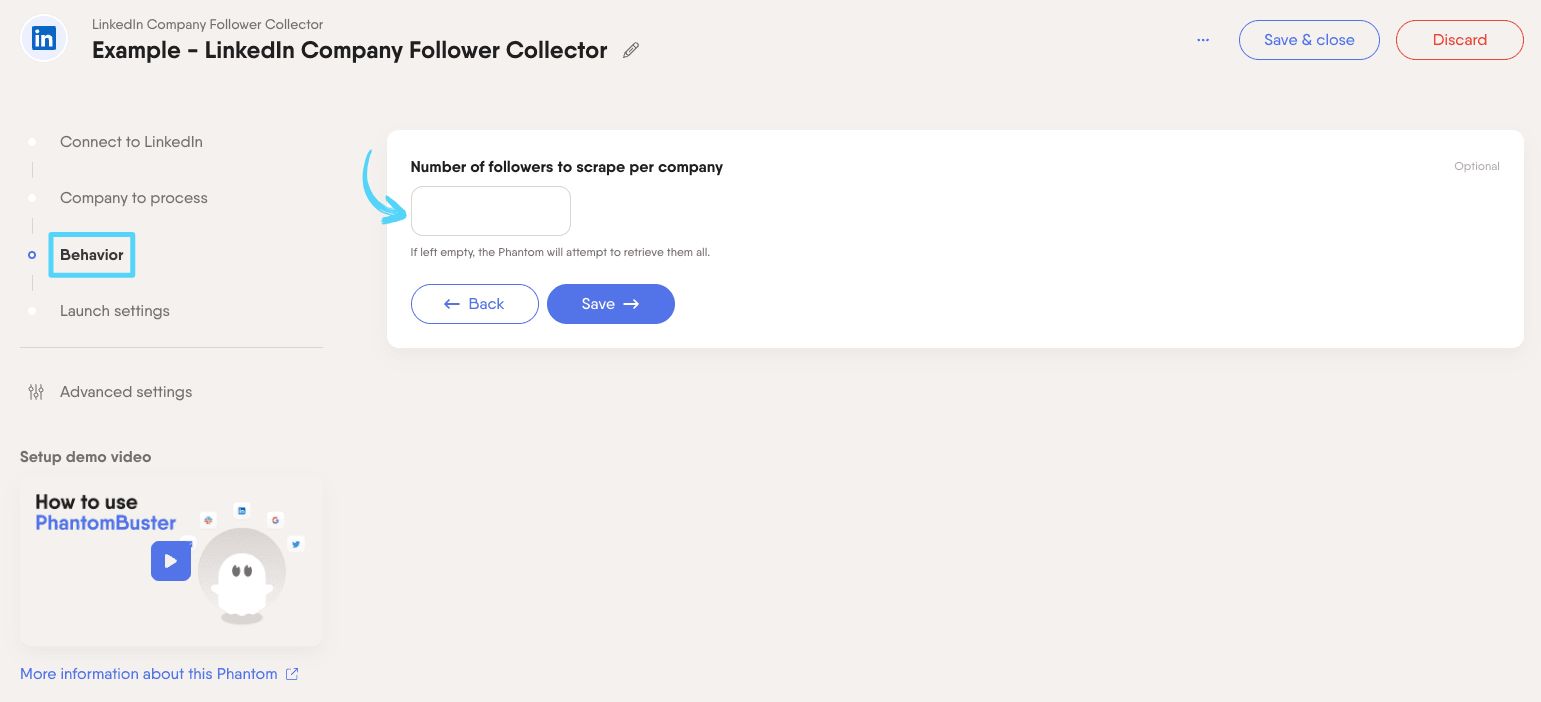 PhantomBuster LinkedIn Company Follower Collector step 3 choosing how many followers to extract per launch