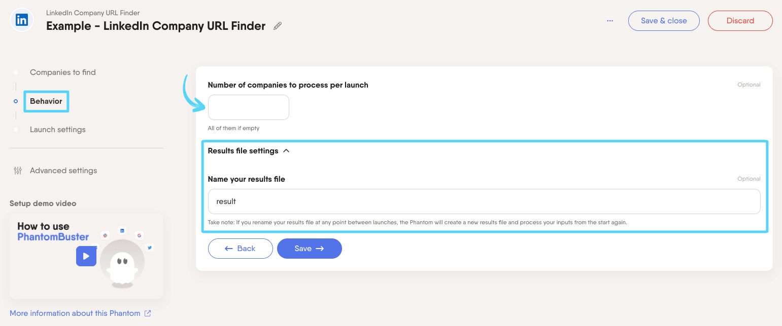 PhantomBuster LinkedIn Company URL Finder step 2 configuring processing and results settings