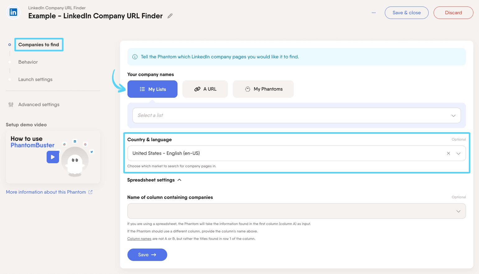 PhantomBuster LinkedIn Company URL Finder step 1 providing company names and choosing region and language