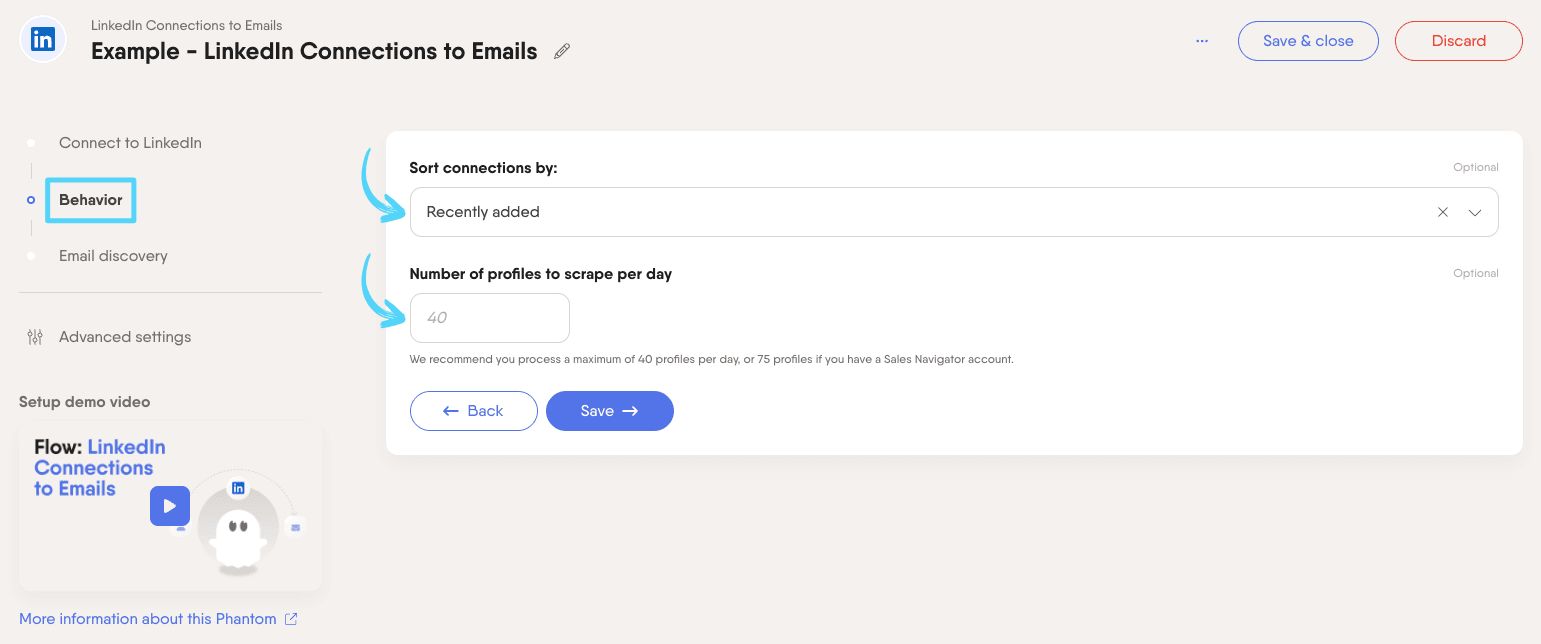 PhantomBuster LinkedIn Connections to Emails step 2 choosing how to sort and extract your connections