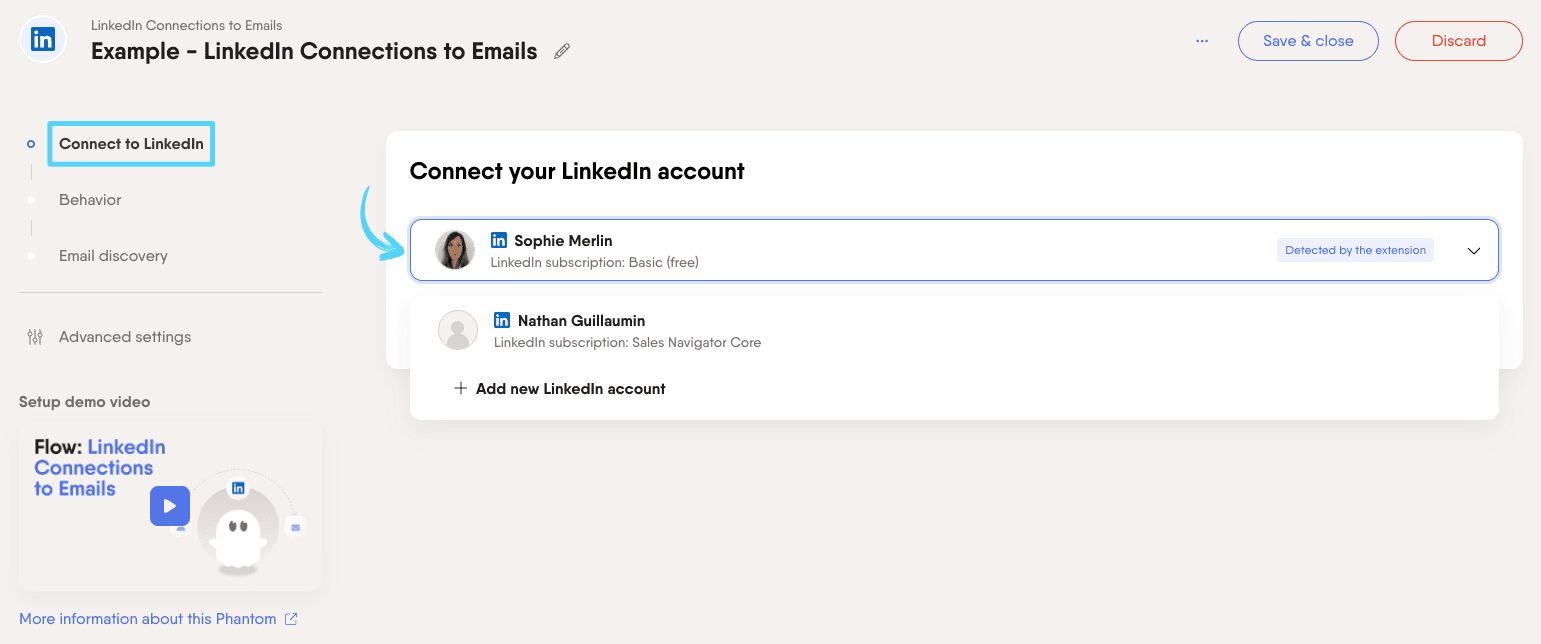 PhantomBuster LinkedIn Connections to Emails step 1 connecting your LinkedIn account