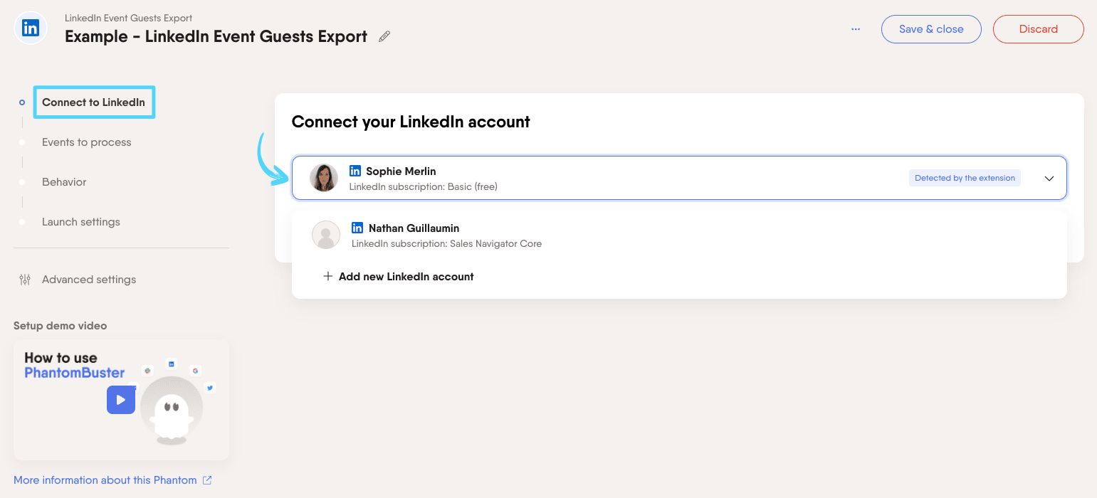 PhantomBuster LinkedIn Event Guests Export step 1 connecting your LinkedIn account
