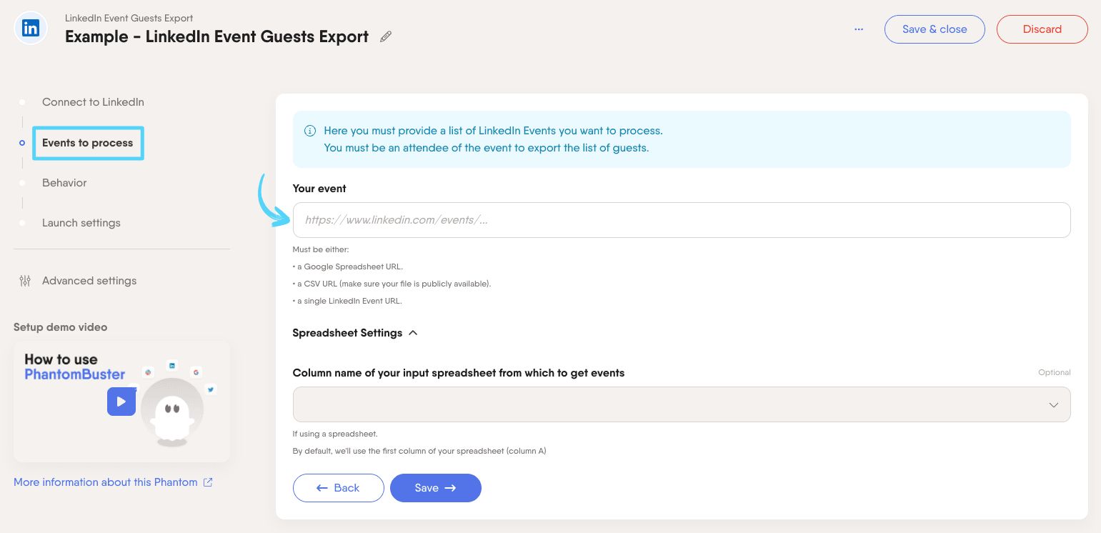 PhantomBuster LinkedIn Event Guests Export step 2 providing LinkedIn event URLs