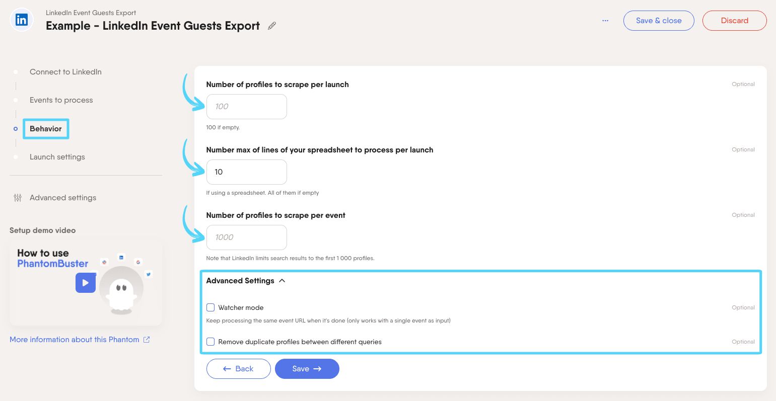 PhantomBuster LinkedIn Event Guests Export step 3 configuring scraping settings