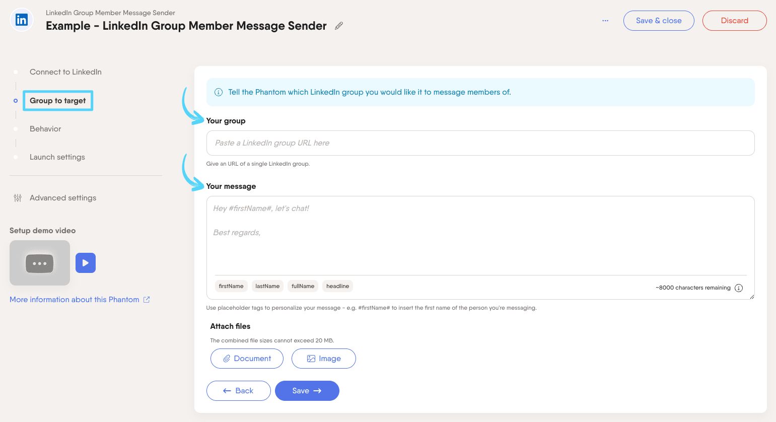 PhantomBuster LinkedIn Group Member Message Sender step 2 providing the group URL and writing your message