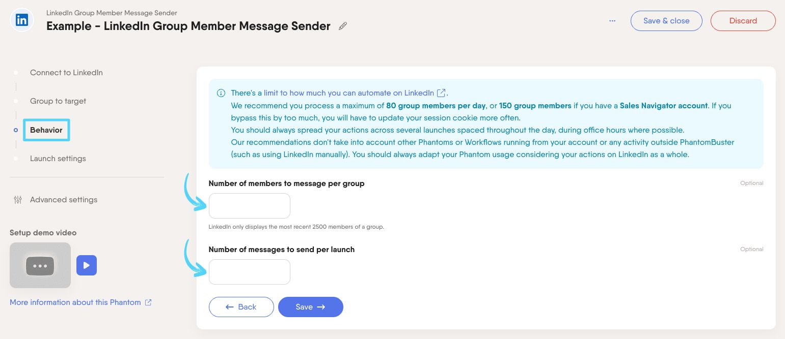 PhantomBuster LinkedIn Group Member Message Sender step 3 configuring message sending settings