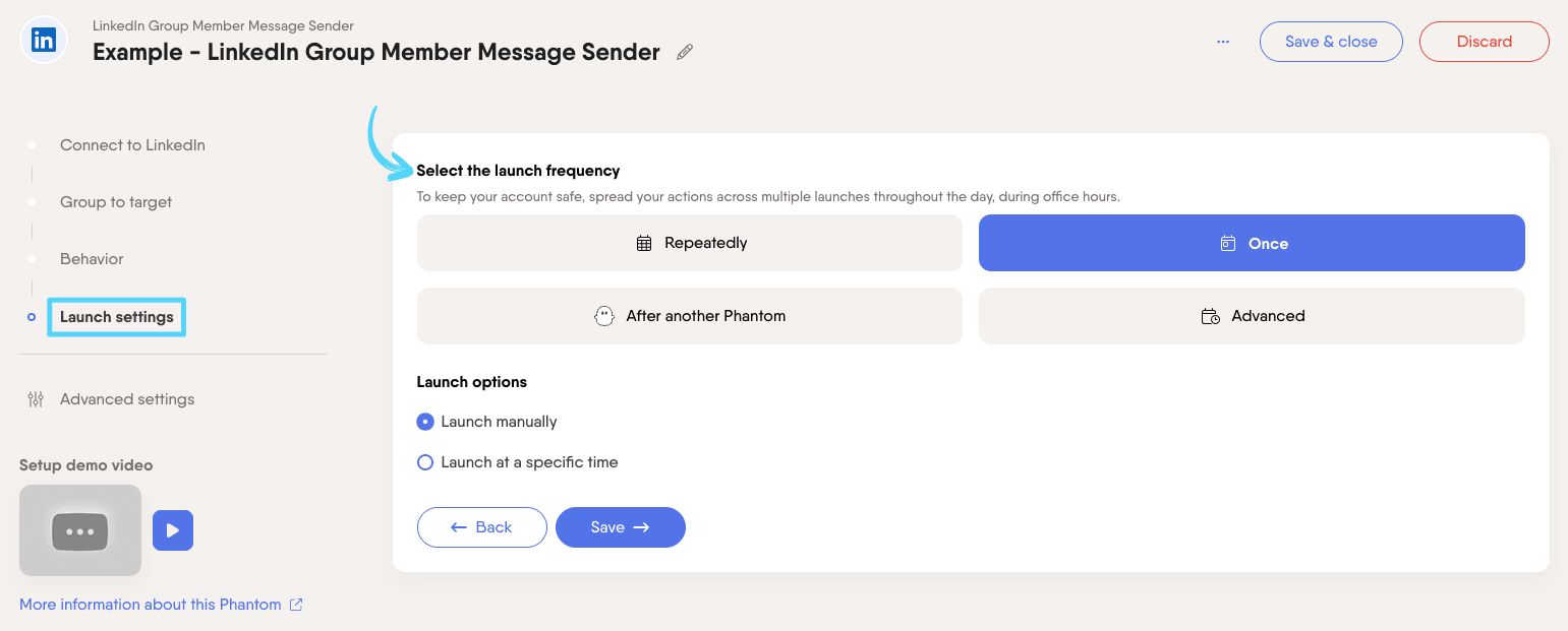 PhantomBuster LinkedIn Group Member Message Sender step 4 selecting launch frequency