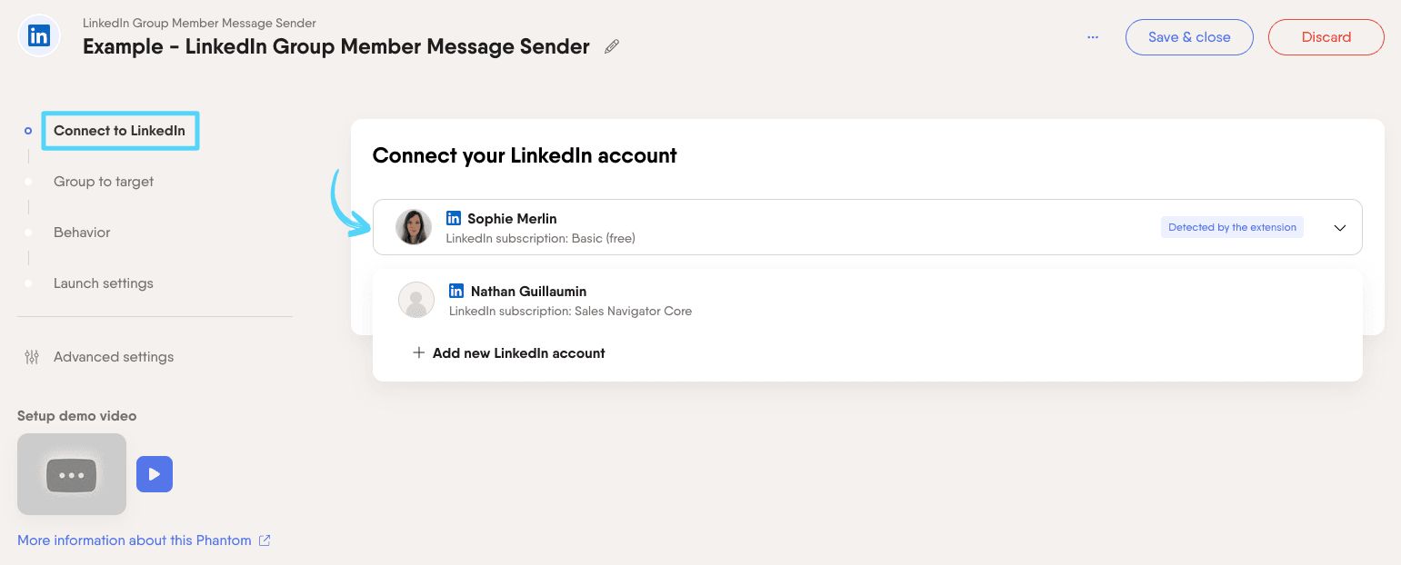 PhantomBuster LinkedIn Group Member Message Sender step 1 connecting your LinkedIn account