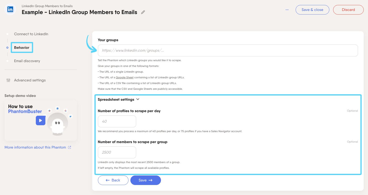 PhantomBuster LinkedIn Group Members to Emails step 2 providing LinkedIn group URLs