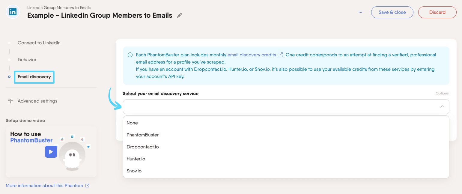 PhantomBuster LinkedIn Group Members to Emails step 3 selecting an email discovery service to enrich leads