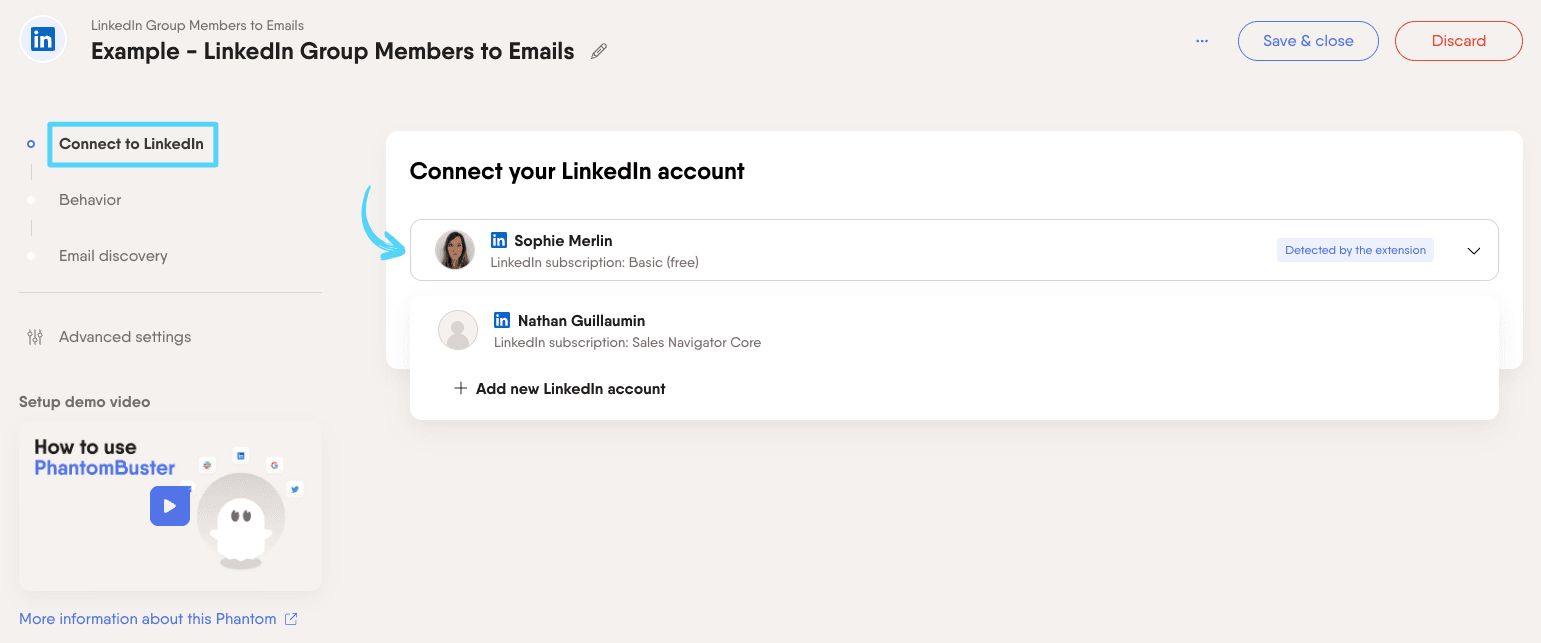 PhantomBuster LinkedIn Group Members to Emails step 1 connecting your LinkedIn account