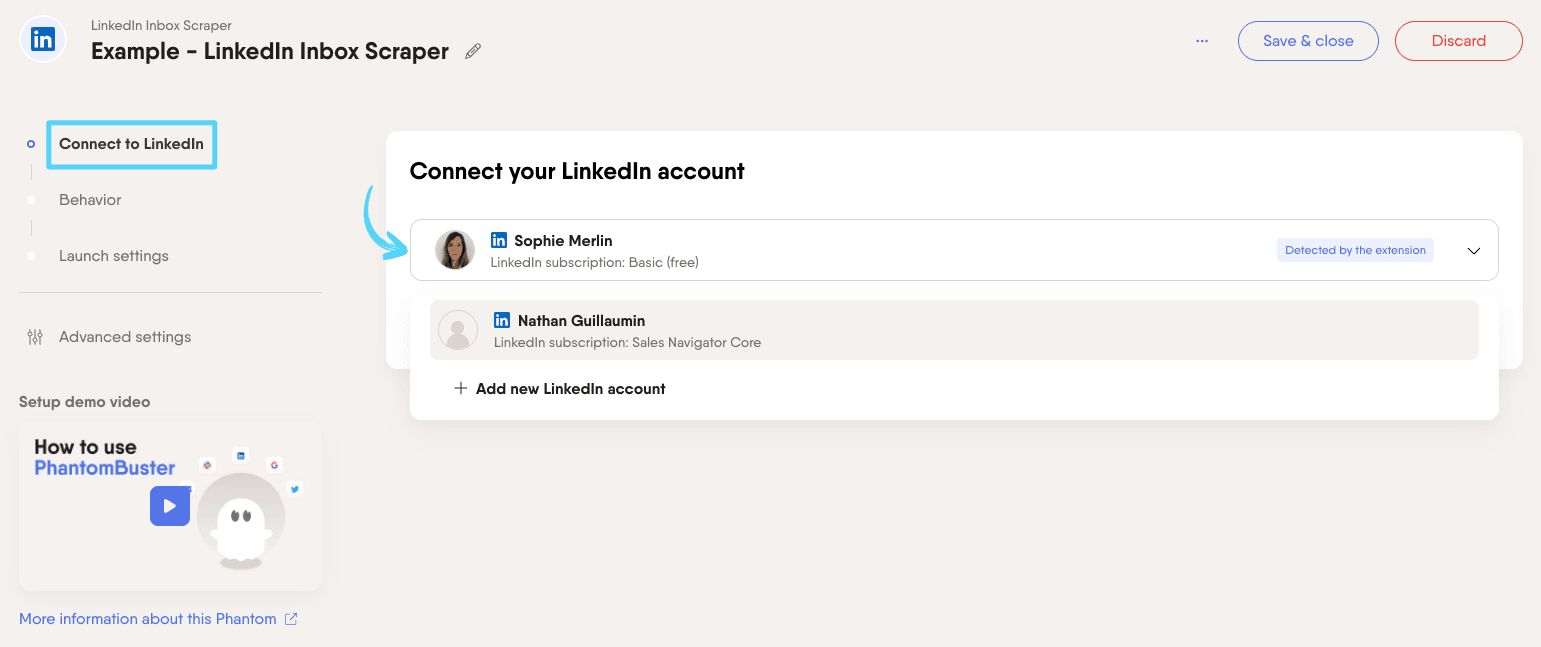 PhantomBuster LinkedIn Inbox Scraper step 1 connecting your LinkedIn account