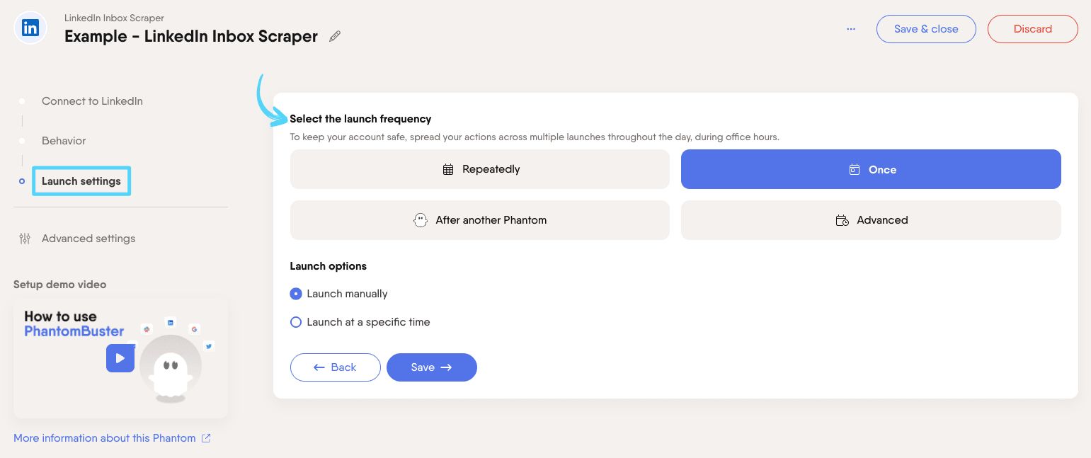 PhantomBuster LinkedIn Inbox Scraper step 3 selecting launch frequency