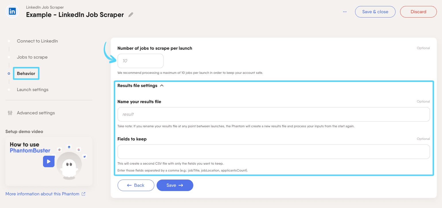 PhantomBuster LinkedIn Job Scraper step 3 configuring scraping settings