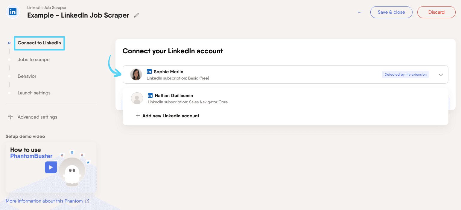 PhantomBuster LinkedIn Job Scraper step 1 connecting your LinkedIn account
